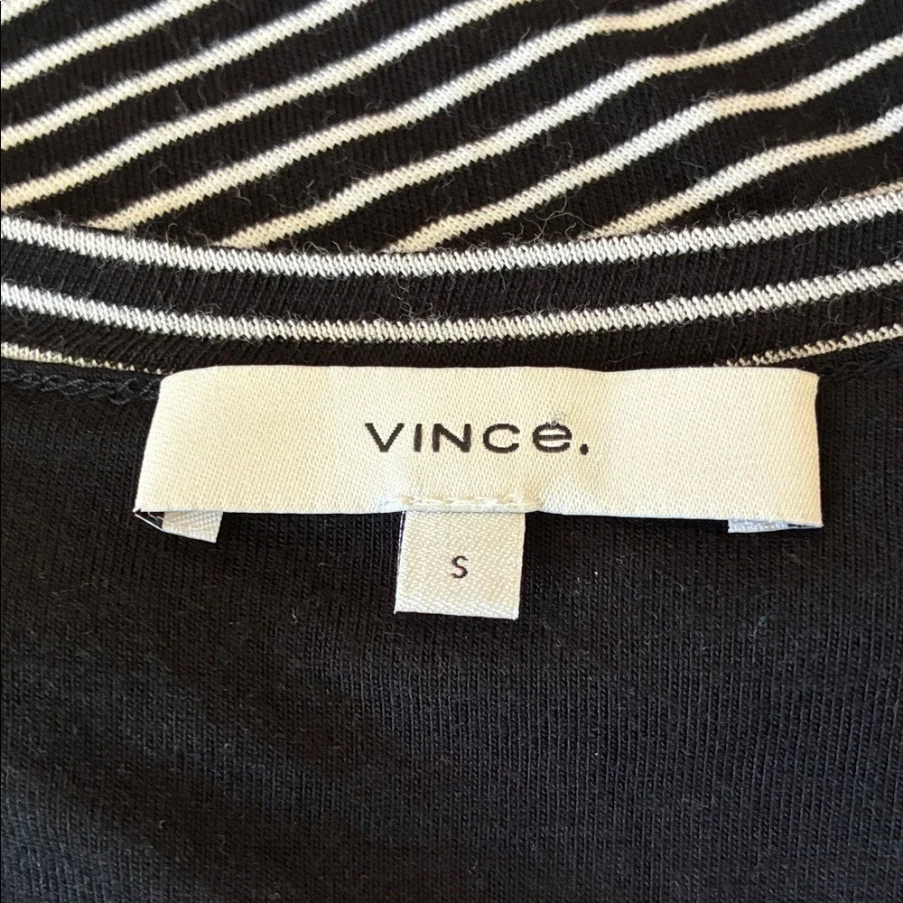VINCE Small Black White Striped Long Sleeve Cotton Gathered Tie Waist Midi Dress